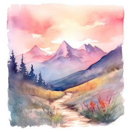 Watercolor mountain landscape. Hand drawn illustration for your design. Nature background.の素材