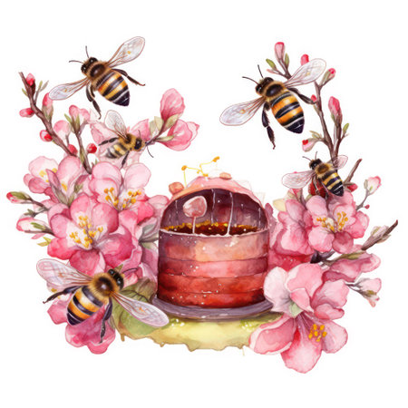 Watercolor spring illustration with honeycomb, bees and cherry blossomの素材