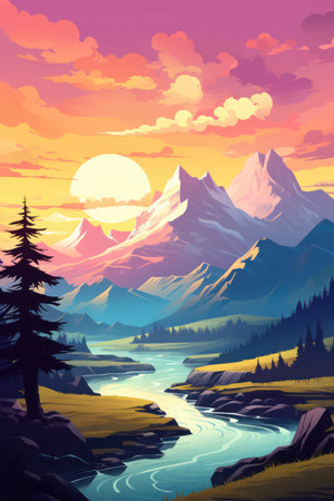 Mountain landscape with river and forest at sunset. Vector illustration.の素材