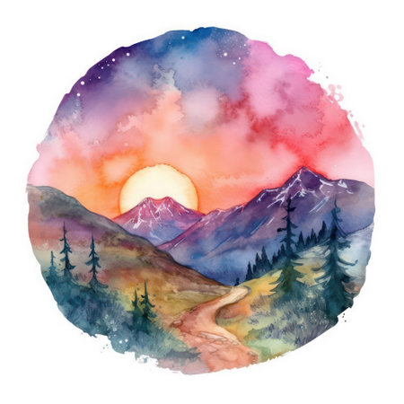 Watercolor mountain landscape. Hand drawn illustration for your design. Vector.の素材