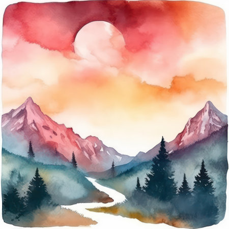 Watercolor landscape with mountains, forest and river. Hand drawn illustrationの素材