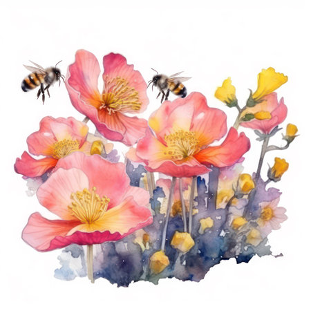 Watercolor poppies and bees on white background. Hand drawn illustrationの素材