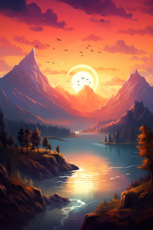 Landscape with mountains and lake at sunset, digital painting illustration.の素材