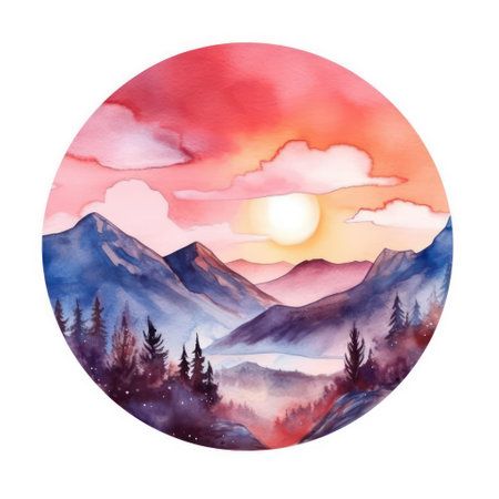 Watercolor mountain landscape with pine forest and sunset. Hand painted illustration.の素材