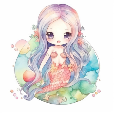 Cute mermaid watercolor illustration. Hand drawn mermaid.の素材