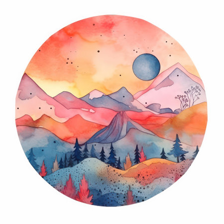 Watercolor mountain landscape in round frame. Hand drawn vector illustration.の素材