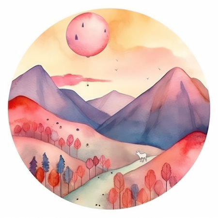 Watercolor mountain landscape with sun and clouds. Hand drawn illustration.の素材