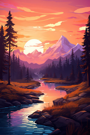 Mountain landscape with lake and forest at sunset. Vector illustration.の素材