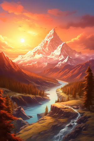 Beautiful mountain landscape with lake and forest at sunset - digital paintingの素材