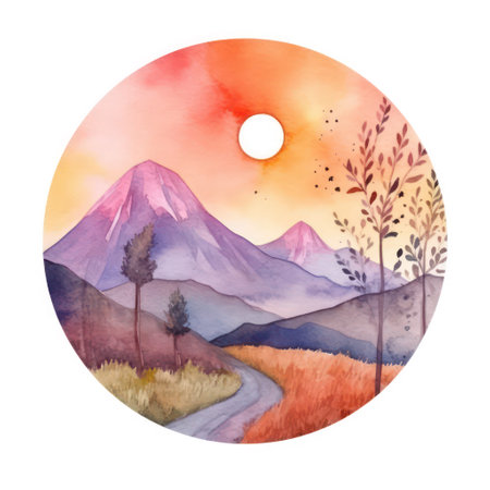 Watercolor landscape with mountains, river and forest. Hand drawn illustrationの素材