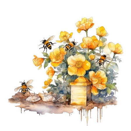 Watercolor illustration of bees and yellow flowers on a white background.の素材