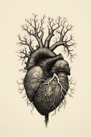 Human heart with veins. Vector hand drawn illustration in vintage style.の素材