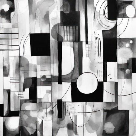 Abstract black and white watercolor background with geometric shapes. Hand-drawn illustration.の素材