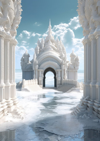 Beautiful white temple in the sea. 3d render illustration.の素材