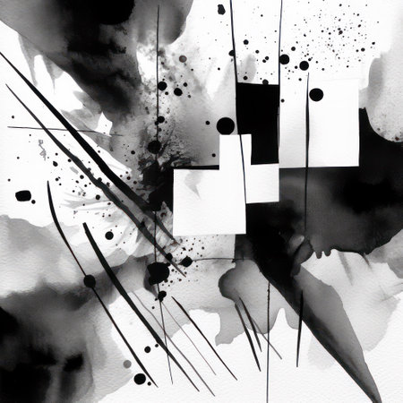 Abstract black and white watercolor background with ink splashes and blotsの素材