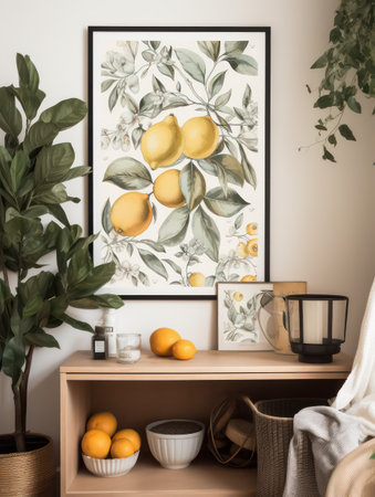 Modern scandinavian living room interior with mock up poster frame, coffee cup and fresh lemonsの素材