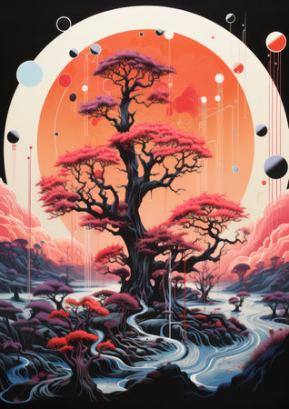 Fantasy landscape with tree and full moon. 3D illustration.の素材