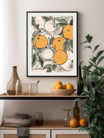 Tangerines on a shelf in a modern kitchen, 3d renderの素材