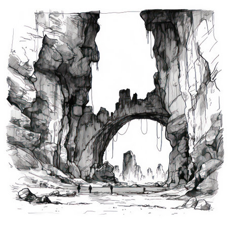 Watercolor illustration of a stone bridge in the cave. Black and whiteの素材