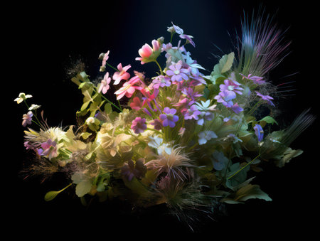 Bouquet of wildflowers on a black background. Studio photography.の素材