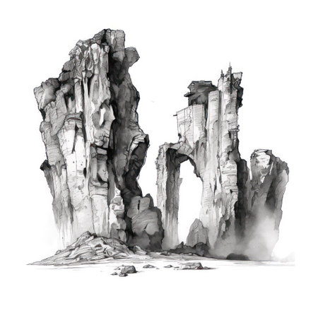 Mystical rock formations. Black and white illustration isolated on white backgroundの素材