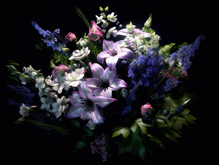 Flower bouquet with lilies and other flowers on black backgroundの素材