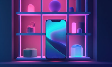 Smartphone on shelf in neon style. 3d render illustration.の素材