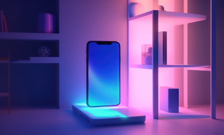 Smartphone with neon light on the wall. 3D rendering.の素材