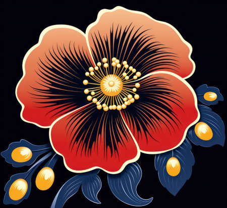 Illustration of a red hibiscus on a black backgroundの素材
