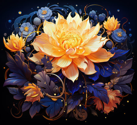 Vector floral background with yellow chrysanthemum and blue flowersの素材