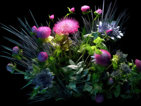 bouquet of wildflowers on a black background close-upの素材