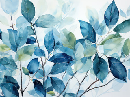 Watercolor background with blue branches of a tree. Illustration.の素材