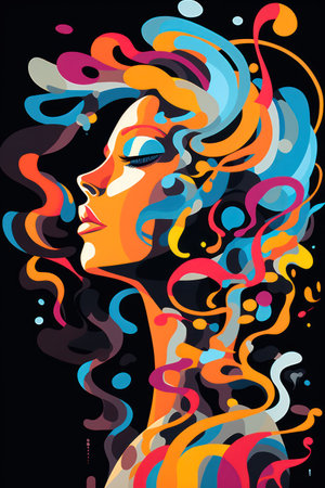 Beautiful woman face with colorful hair and splashes. Vector illustration.の素材