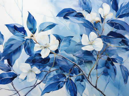 Watercolor floral background with white magnolia flowers and blue leaves.の素材