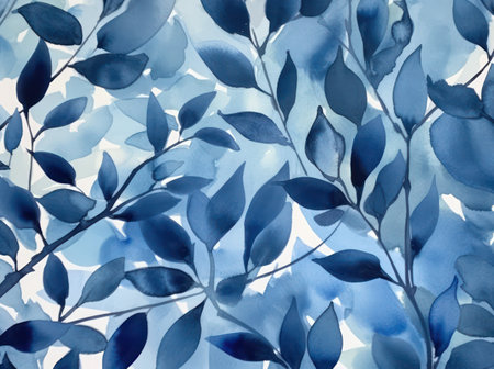 Watercolor blue leaves on white background. Hand drawn watercolor illustration.の素材
