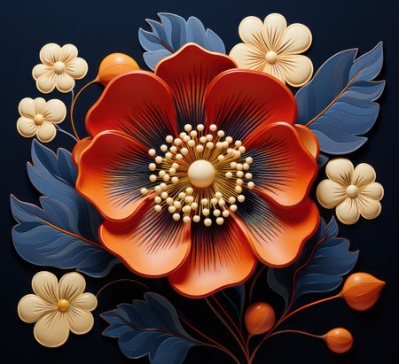 Vector illustration of a beautiful red flower on a dark blue background.の素材