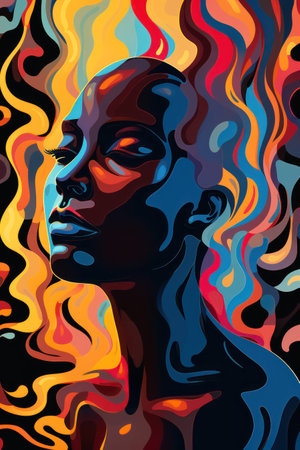 Vector illustration of a beautiful woman's face with abstract colorful background.の素材