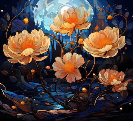 Beautiful vector illustration of a fantasy night landscape with moon and flowersの素材
