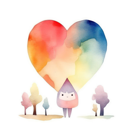 Watercolor illustration of a cute little boy in a heart shape with trees.の素材