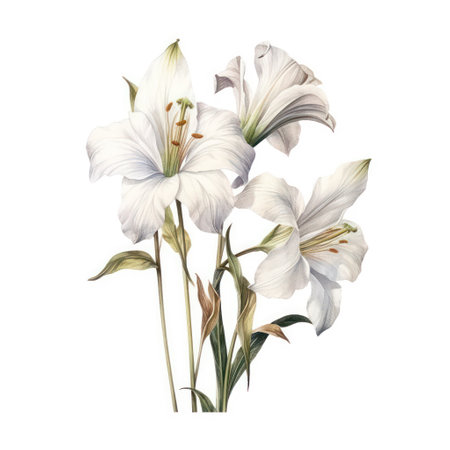White lily flowers isolated on white background. Watercolor illustration.の素材