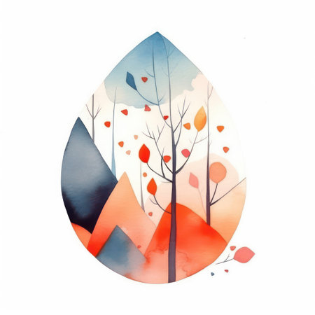 Watercolor autumn landscape with trees and mountains on white background. Vector illustration.の素材