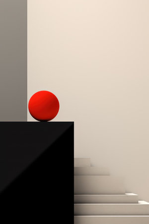 Minimalist abstract scene with stairs and red sphere. 3D renderの素材