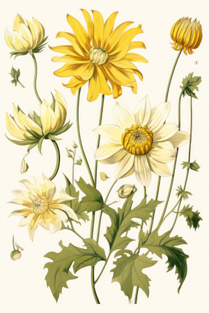 Dahlia flowers on a white background. Hand-drawn illustration.の素材