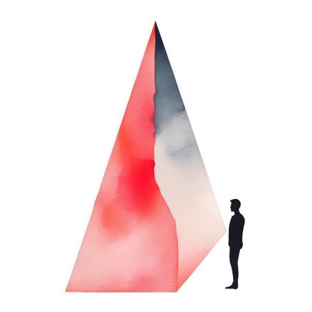 Silhouette of a man standing in front of a pyramid made of watercolor.の素材