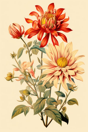 Illustration of a bouquet of dahlias on a beige backgroundの素材