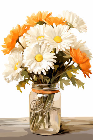 Illustration of a bouquet of daisies in a glass jarの素材
