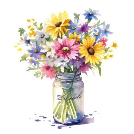 Bouquet of wildflowers in a glass jar. Watercolor illustrationの素材