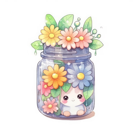 Cute cartoon flower in glass jar. Hand drawn vector illustration.の素材