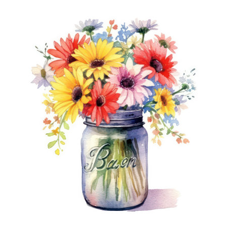 Bouquet of flowers in a glass vase. Watercolor illustrationの素材