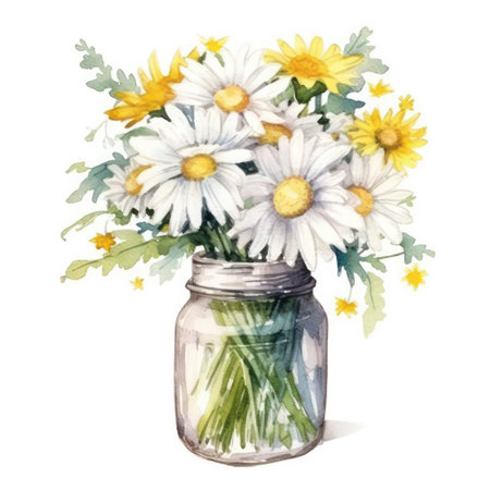 Bouquet of daisies in a glass jar. Watercolor illustrationの素材